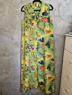 Spago Green Yellow Tropical Floral Collared Shirt Dress Button Front Size 14